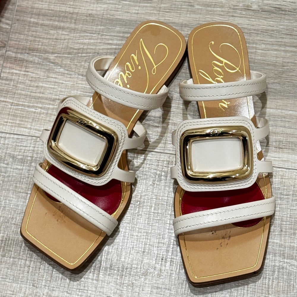 Roger Vivier Cream Sandals with Gold Accent